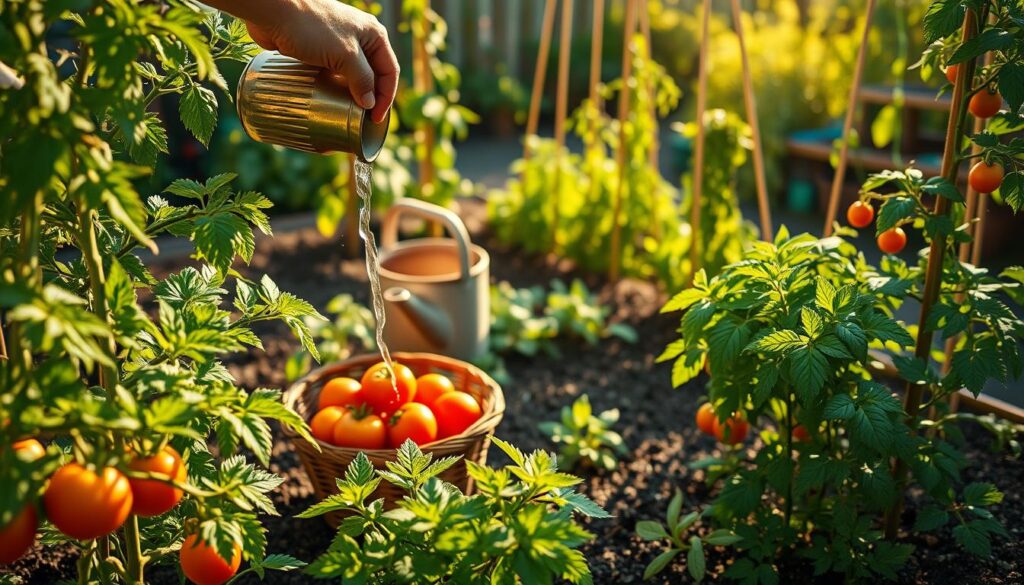 A well-lit gardening scene showing the proper watering and fertilizing techniques for thriving tomato plants. In the foreground, a gardener's hands gently pouring water around the base of lush, green tomato plants. Mid-ground features a basket of ripe, juicy tomatoes and a small watering can. The background showcases a sunny, backyard garden with neatly staked tomato vines and other verdant vegetables. Soft, warm lighting illuminates the entire composition, creating a serene, instructional atmosphere. The angle is slightly elevated, providing an informative, bird's-eye view of the optimal tomato care process.