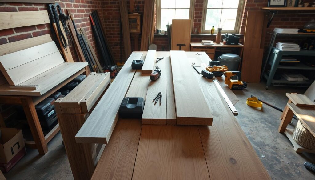 A well-lit, high-angle shot of a rustic wooden workbench in a cozy DIY workshop. On the workbench, an assortment of materials needed for a DIY shelving project - smooth boards, brackets, screws, power tools, measuring tape, and other woodworking supplies. The background features exposed brick walls and hints of natural light streaming in through a window, creating a warm, inviting atmosphere ideal for a tutorial on creating custom farmhouse-style shelves.
