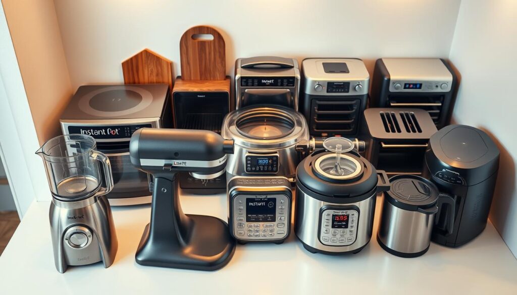 A well-lit, high-angle studio shot of an assortment of top kitchen appliances neatly arranged on a clean, minimalist countertop. In the foreground, a stainless steel blender, a food processor, and a high-powered stand mixer stand out with their sleek, modern designs. In the middle ground, a high-tech convection oven, a multi-function Instant Pot, and a specialty coffee maker command attention. In the background, a high-end toaster oven and a powerful food dehydrator complete the selection of cutting-edge kitchen tools. The scene is bathed in warm, diffused lighting, creating a sense of sophistication and culinary enthusiasm.