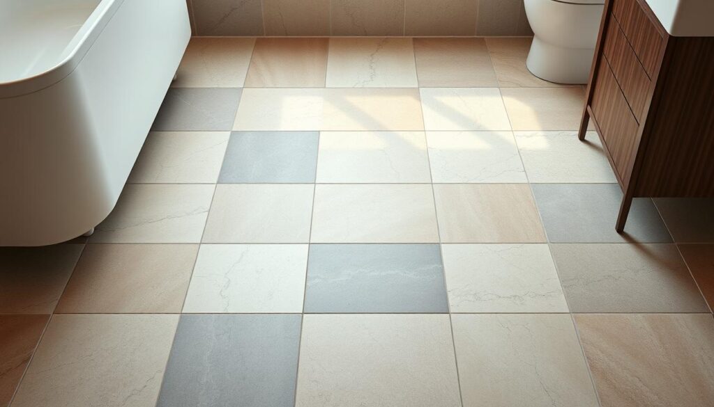 A well-lit, high-resolution image of a modern bathroom floor showcasing a selection of sustainable, eco-friendly tiles. The tiles feature a natural, earthy color palette with a mix of muted tones, organic patterns, and subtle textures that evoke a sense of tranquility and environmental consciousness. The tiles are arranged in a cohesive, visually appealing layout, highlighting their durability, recyclability, and low environmental impact. The image is captured from a slightly elevated angle, providing a clear view of the tiles' intricate details and how they might appear in a real-world bathroom setting.