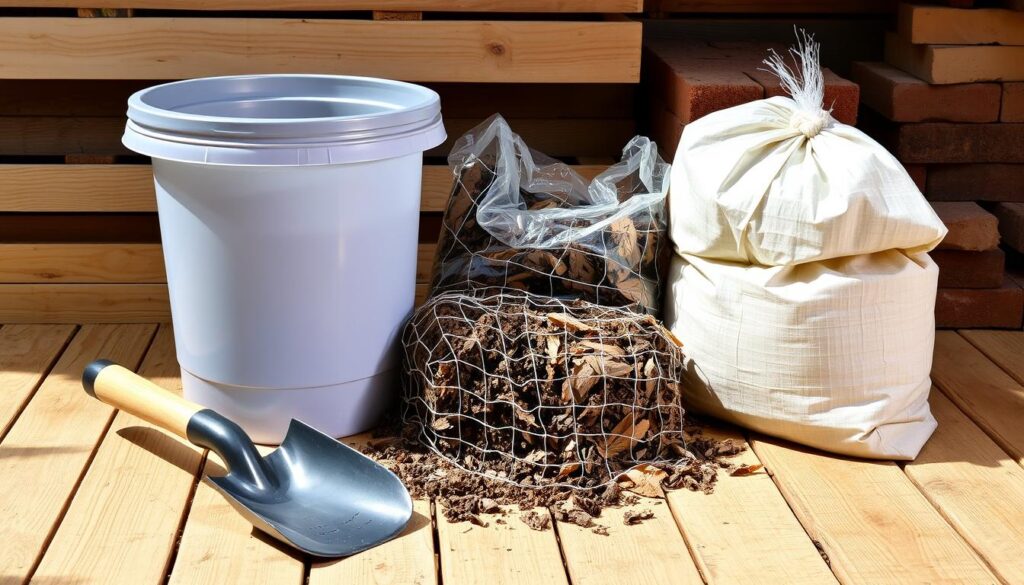 A well-lit, high-resolution image of an assortment of materials for a DIY compost bin, arranged neatly on a wooden surface. In the foreground, a large plastic container, a shovel, and a garden trowel. In the middle ground, a roll of chicken wire, a bag of potting soil, and a bag of dried leaves. In the background, a stack of untreated wooden planks and a few bricks. The lighting is natural and diffused, creating soft shadows and highlighting the textures of the materials. The overall mood is one of simplicity and practicality, reflecting the straightforward nature of a DIY compost bin.
