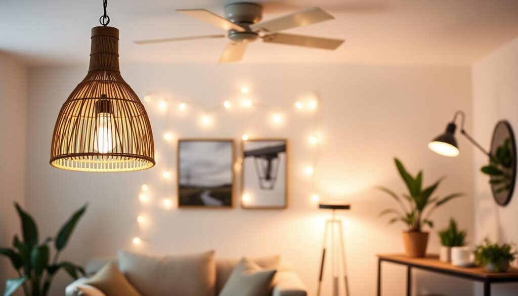 A well-lit home interior showcasing a variety of DIY lighting projects. In the foreground, a handcrafted pendant lamp made from natural materials like woven rattan or bamboo, emitting a warm, cozy glow. In the middle ground, a series of string lights tastefully draped across a living room wall, creating a inviting ambiance. In the background, a minimalist floor lamp with an industrial-chic design stands next to a console table, illuminating a plant-filled corner. The overall scene exudes a sense of relaxed sophistication, where homemade lighting elements seamlessly blend form and function to enhance the room's aesthetic.