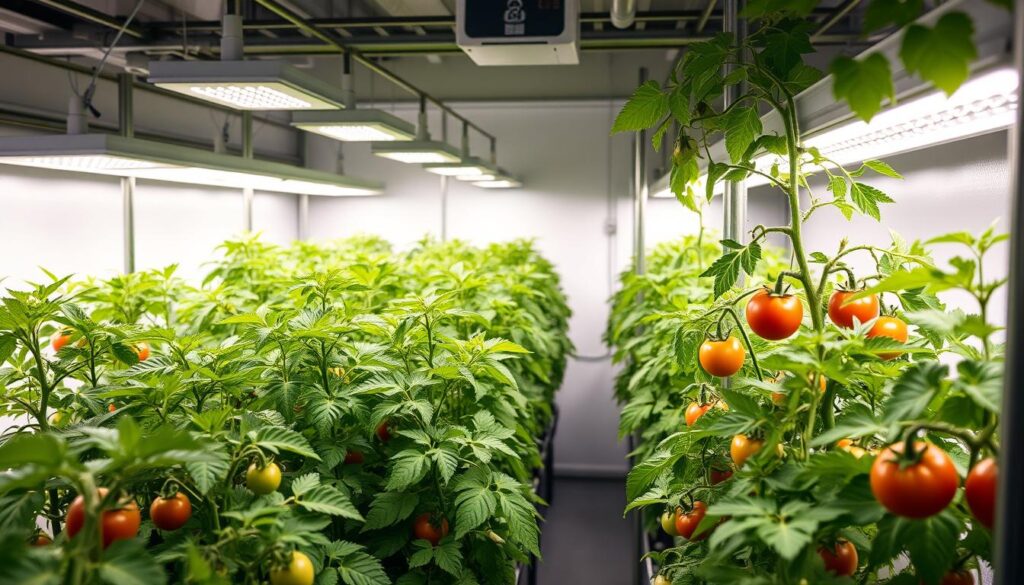 A well-lit indoor grow room filled with thriving tomato plants, their lush green foliage basking under the glow of powerful LED grow lights. The plants are in various stages of growth, some with budding flowers, others bearing ripe, juicy tomatoes. The room has a clean, modern aesthetic, with sleek metal shelving units and a neutral color palette that enhances the vibrant colors of the plants. The overall atmosphere is one of productivity and natural abundance, inviting the viewer to imagine the satisfying experience of growing their own tomatoes at home, year-round.