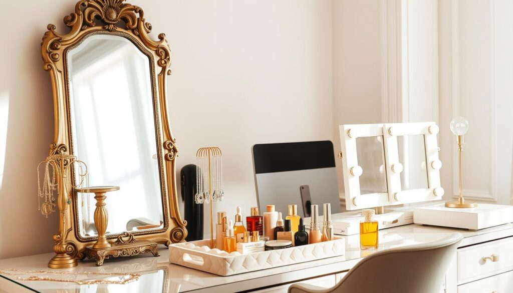 A well-lit, inviting dressing room setting, with an ornate, full-length mirror taking center stage. Surrounding it, an array of elegant accessories neatly arranged: a gilded jewelry stand displaying a selection of delicate necklaces and earrings, a plush velvet-lined tray holding an assortment of luxury makeup and perfume bottles, and a sleek, modern vanity with a trio of softly illuminated bulb frames. The room is bathed in a warm, natural light, creating a serene and luxurious atmosphere, perfect for capturing the essence of accessorizing a dream dressing space.