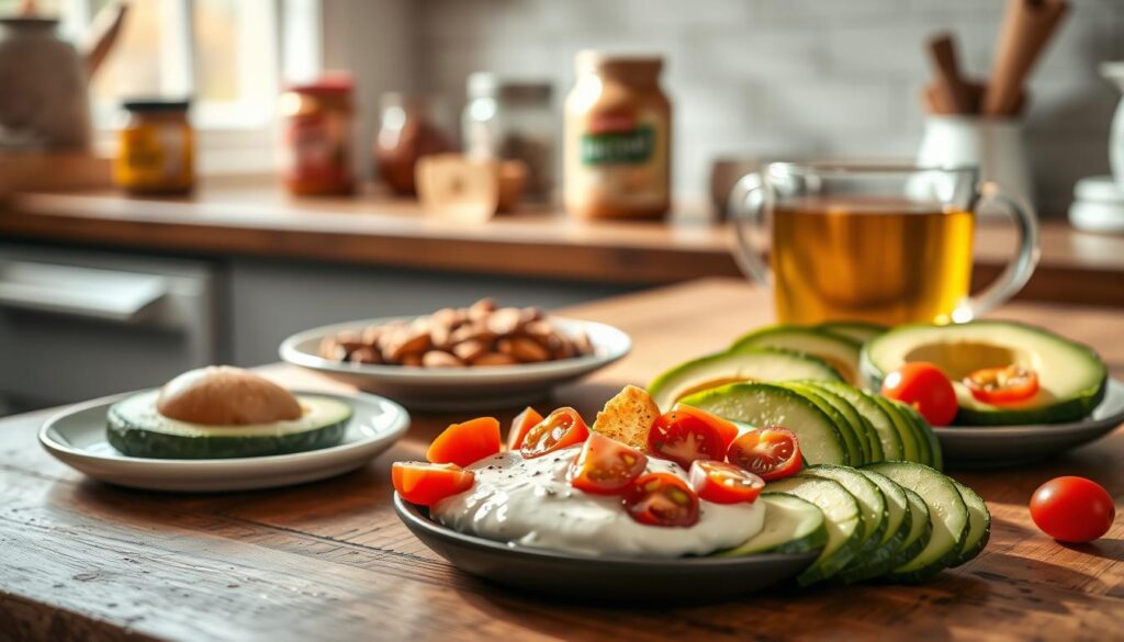 A well-lit kitchen counter with a rustic wooden surface, showcasing an assortment of keto-friendly snacks. In the foreground, an artful arrangement of sliced avocado, cucumber, and cherry tomatoes, drizzled with a creamy keto-friendly dip. In the middle ground, a plate of roasted almonds, pepitas, and chia seed crackers. In the background, a few jars of keto-approved nut butters and freshly brewed herbal tea. The scene is bathed in soft, natural lighting, creating a warm and inviting atmosphere. The overall composition conveys a sense of simplicity, health, and mindfulness, perfectly capturing the essence of "Keto Snack Prep: Make 10 Snacks in 30 Minutes".