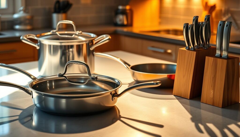 A well-lit kitchen countertop showcasing a professional-grade cookware set, including a gleaming stainless-steel 8-quart stockpot, a 12-inch tri-ply skillet with a copper-accented finish, and a comprehensive 5-piece knife block with razor-sharp blades. The cookware is arranged in a visually appealing, symmetrical layout, casting long shadows and reflecting the warm, inviting lighting. The surface is clean and uncluttered, allowing the high-quality craftsmanship and materials of the cookware to take center stage.
