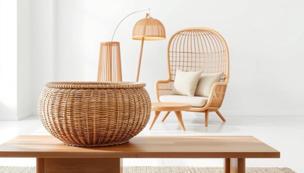 A well-lit, modern studio setting showcasing an elegant arrangement of high-quality rattan and wicker decor pieces. In the foreground, a large, artfully-woven rattan basket with intricate patterns sits atop a sleek, minimalist wooden coffee table. Positioned behind it, a mid-century inspired rattan lounge chair with plush, neutral-toned cushions invites relaxation. In the middle ground, a tall, slender rattan floor lamp casts a warm, diffused glow, complementing the natural textures. The background features a clean white wall, allowing the rattan and wicker elements to take center stage and highlighting their premium craftsmanship and timeless appeal.