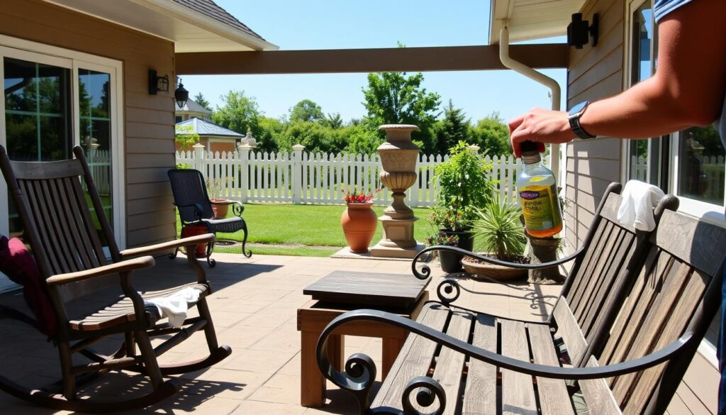 A well-lit outdoor patio with a variety of sturdy, weathered wooden and metal furniture pieces, including a rocking chair, a bench, and a side table. In the foreground, a person meticulously cleaning and oiling the furniture, using a soft cloth and a bottle of wood polish. The middle ground showcases a few potted plants and a decorative urn, while the background features a lush, verdant garden with a picket fence and a clear blue sky. The overall scene conveys a sense of care, attention to detail, and a commitment to preserving the beauty and longevity of the outdoor furnishings.
