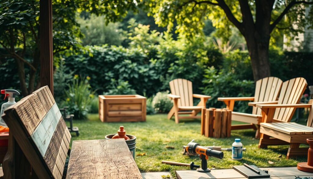 A well-lit outdoor scene showcasing various woodworking maintenance projects. In the foreground, a weathered wooden bench is being sanded and refinished, with an array of tools and finishing products nearby. In the middle ground, a wooden planter box is being given a fresh coat of water-resistant sealant, while a set of DIY garden chairs are being inspected for any signs of wear. In the background, a lush, verdant garden provides a serene, natural backdrop, with soft, diffused natural lighting illuminating the scene. The overall atmosphere conveys a sense of care, preservation, and a dedication to extending the lifespan of handcrafted outdoor furniture.