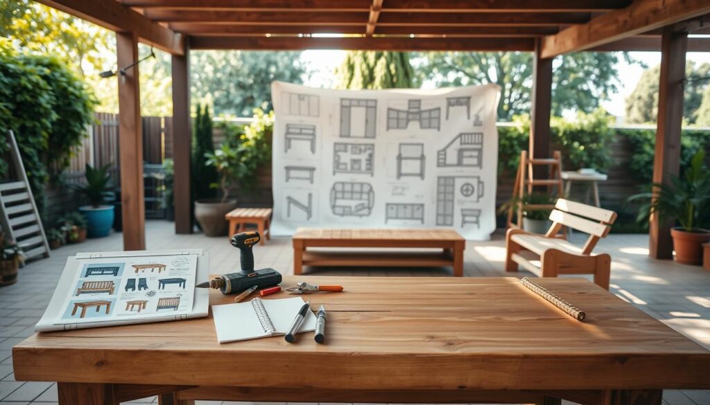 A well-lit, spacious outdoor space with a sturdy wooden workbench in the foreground. On the workbench, various garden tools, sketch pads, and inspirational images of DIY furniture pieces. In the middle ground, a large map or blueprint spread out, showcasing detailed plans for a modular, customizable garden furniture set. The background features lush greenery, perhaps a few potted plants, and natural light filtering through, creating a serene, productive atmosphere. The overall composition conveys a sense of organized planning, creativity, and the satisfaction of designing one's own unique outdoor furniture.