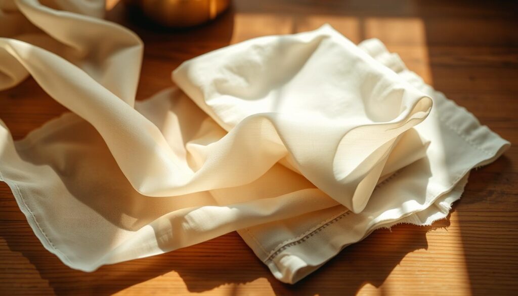 A well-lit still-life composition showcasing a sheer wax sheet and a soft, white cotton napkin arranged on a wooden surface. The wax sheet has a delicate, translucent quality, with subtle hues of ivory and pale yellow. The napkin is folded neatly, its soft, fluffy texture contrasting with the rigid wax. The scene is bathed in warm, natural lighting, creating a cozy, inviting atmosphere. The camera angle is slightly elevated, providing a clear, unobstructed view of the materials. The composition is balanced, with the wax sheet and napkin positioned in a visually pleasing arrangement, highlighting their tactile and aesthetic qualities.