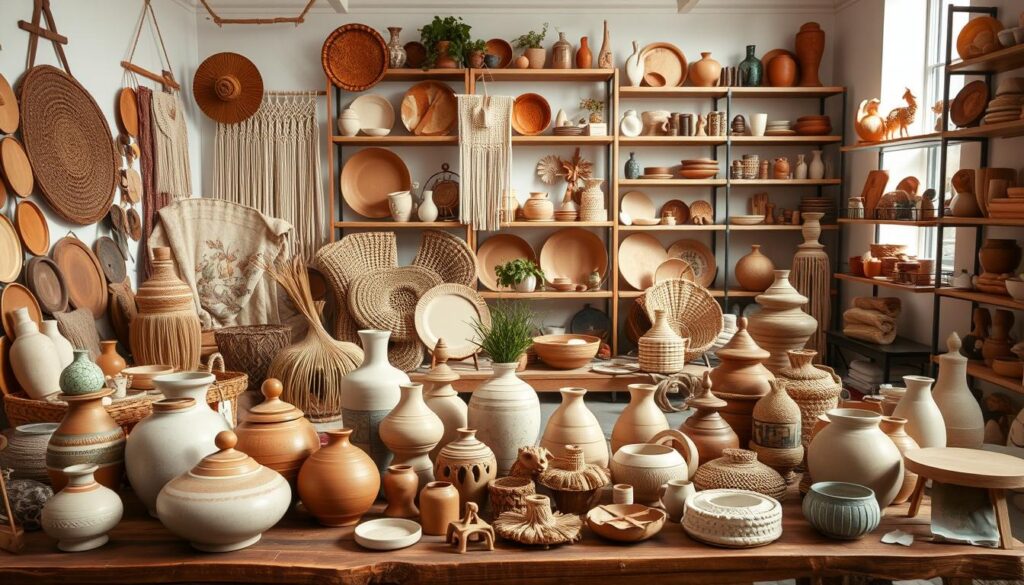 A well-lit studio setting showcasing an assortment of unique and artisanal home decor pieces. In the foreground, an array of handcrafted ceramic vases, woven baskets, and carved wooden trinkets are displayed on a rustic wooden table. The middle ground features various textile wall hangings, macrame plant holders, and stoneware platters, all with distinct textures and patterns. In the background, shelves display an eclectic mix of decorative objects, such as abstract sculptures, glass ornaments, and earthenware bowls. The lighting is soft and natural, accentuating the organic materials and handmade quality of the pieces. The overall atmosphere is one of effortless elegance and a celebration of artisanal craftsmanship.