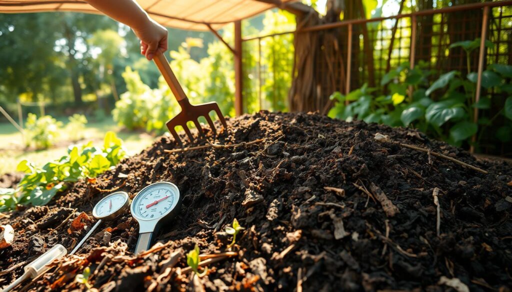 A well-maintained compost pile, with layers of organic matter neatly arranged. In the foreground, a gardener gently turns the mixture with a pitchfork, revealing rich, dark humus. Sunlight filters through the overhead canopy, casting a warm glow on the scene. The middle ground showcases a collection of compost tools - a thermometer, a moisture meter, and a pH testing kit. In the background, a thriving vegetable garden stands as a testament to the nourishing power of the compost. The overall atmosphere conveys a sense of connection to the natural cycle of decomposition and renewal.