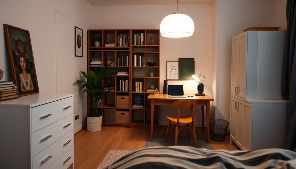 A well-organized bedroom with a variety of repurposed IKEA furniture pieces. In the foreground, a sleek, minimalist dresser made from an IKEA Kallax shelving unit, its drawers meticulously arranged. In the middle ground, a wooden desk crafted from an IKEA Lack side table, its surface adorned with a potted plant and a laptop. Behind it, a cozy reading nook featuring an upcycled IKEA Poäng chair, illuminated by warm, diffused lighting from a modified IKEA Regolit pendant lamp. In the background, a thoughtfully styled bookshelf made from an IKEA Ivar storage unit, its shelves displaying artful decor and carefully curated books. The overall atmosphere is one of modern, functional elegance, reflecting the harmonious blend of IKEA's versatile furnishings and the homeowner's creative vision.
