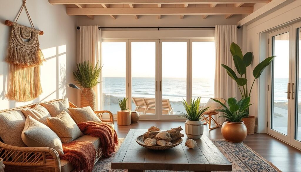 An airy, sun-drenched coastal living room with boho-inspired decor. In the foreground, a rattan daybead adorned with plush, textured pillows and throws in earthy tones. A woven macrame wall hanging casts playful shadows. In the middle ground, a weathered wooden coffee table topped with driftwood, seashells, and lush greenery in ceramic planters. Beyond, floor-to-ceiling windows overlook the breathtaking ocean view, filled with natural light and the soft hues of a sunset. The atmosphere is serene, relaxed, and effortlessly chic, capturing the essence of modern boho coastal style.