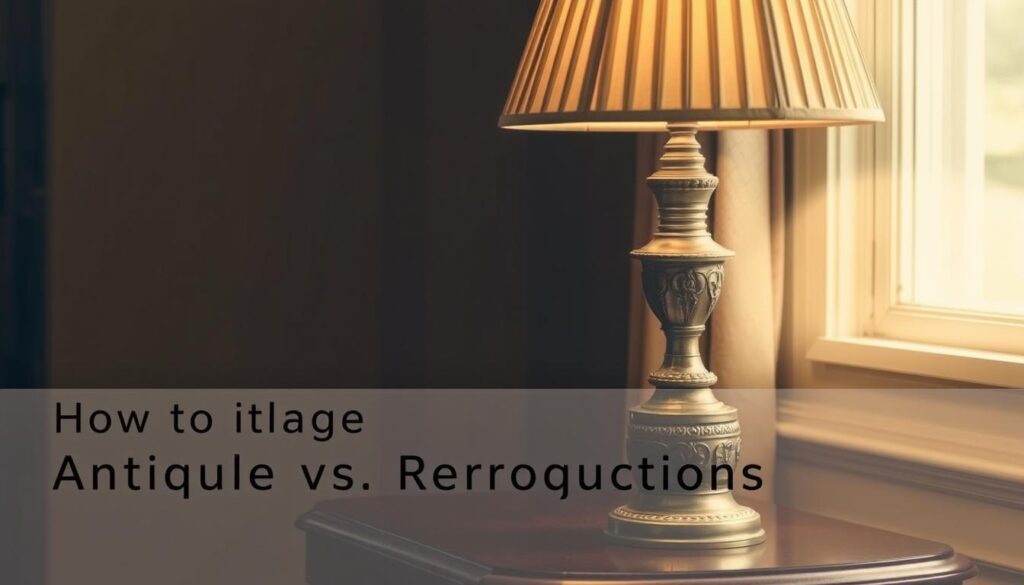 An antique table lamp with a brass or bronze base, adorned with intricate patterns or engravings, sits atop a dark wooden side table. The lamp's shade is a classic pleated fabric, perhaps in a muted tone like beige or sage green, casting a warm, inviting glow. The scene is lit by natural sunlight filtering through a nearby window, creating a soft, nostalgic atmosphere. The attention to detail and craftsmanship evokes a sense of timeless elegance, emphasizing the distinction between genuine antique pieces and modern reproductions. The image captures the essence of the section title, "How to Identify Genuine Antique Table Lamps vs. Reproductions".