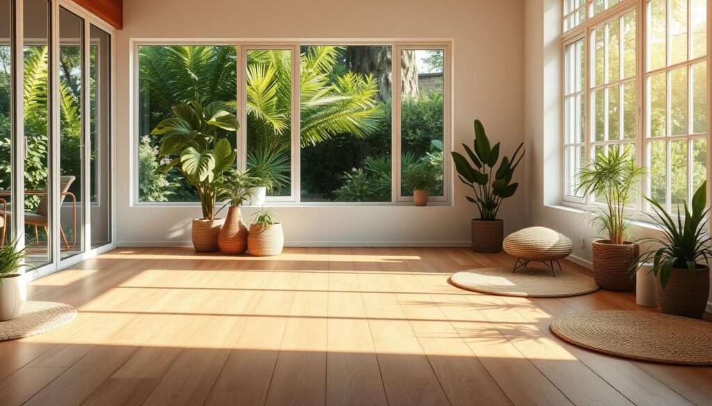 An eco-friendly hardwood flooring in a bright, airy room with large windows overlooking a lush, verdant garden. Soft, natural lighting filters in, highlighting the warm, earthy tones of the sustainably-sourced wood. Potted plants and natural fiber rugs accent the space, creating a serene, harmonious ambiance. The flooring has a subtle textured pattern, reflecting the unique character of the wood. A modern, minimalist aesthetic with clean lines complements the organic materials. The room conveys a sense of tranquility and environmental consciousness, showcasing the beauty and versatility of sustainable flooring options.