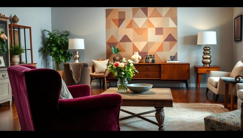 An elegant living room filled with a variety of refurbished furniture pieces. In the foreground, a beautifully restored vintage armchair upholstered in rich, jewel-toned velvet. Behind it, a rustic-chic wooden coffee table with a distressed finish, adorned with an artfully arranged vase of fresh flowers. In the middle ground, a refurbished mid-century modern side table, its sleek lines accentuated by a fresh coat of vibrant paint. The background features a feature wall, with a stunning DIY geometric-patterned mural created using painter's tape and earthy-toned paints. Soft, diffused lighting casts a warm, inviting glow throughout the space, highlighting the unique character of each repurposed piece. The overall atmosphere exudes a sense of stylish, budget-friendly elegance.