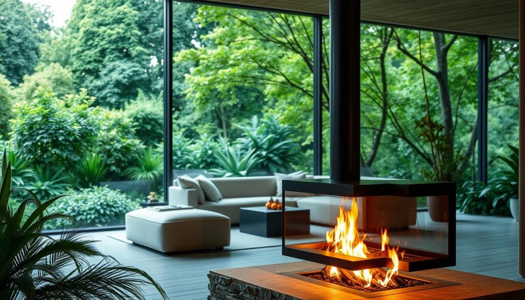 An elegantly designed eco-friendly fireplace set against a backdrop of lush greenery. In the foreground, a modern, minimalist fireplace with clean lines and a sleek, energy-efficient design. The fireplace is surrounded by natural materials like stone and wood, creating a warm and inviting ambiance. The middle ground features a cozy seating arrangement, with plush furniture and soft textures that invite relaxation. In the background, a large window overlooking a verdant garden, allowing natural light to flood the space and creating a seamless connection between the indoor and outdoor environments. The lighting is subtle, with a warm, diffused glow emanating from the fireplace, evoking a sense of coziness and tranquility. The overall atmosphere is one of environmental consciousness and sustainable living, perfectly capturing the essence of an eco-friendly fireplace solution.