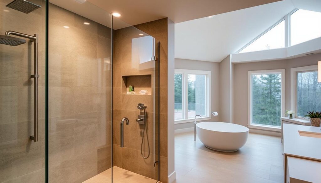 An expansive walk-in shower with a seamless glass enclosure, illuminated by soft, diffused overhead lighting. The shower features natural stone tiles in a warm, earthy tone, creating a serene, spa-like ambiance. Sleek, minimalist fixtures in brushed nickel complement the contemporary design. An inset niche in the tiled wall provides convenient storage for toiletries. The shower opens to a spacious, well-appointed bathroom, showcasing a freestanding bathtub and a modern vanity with ample counter space. Large windows allow natural light to flood the space, blending the indoors with the outdoors for a harmonious, rejuvenating experience.