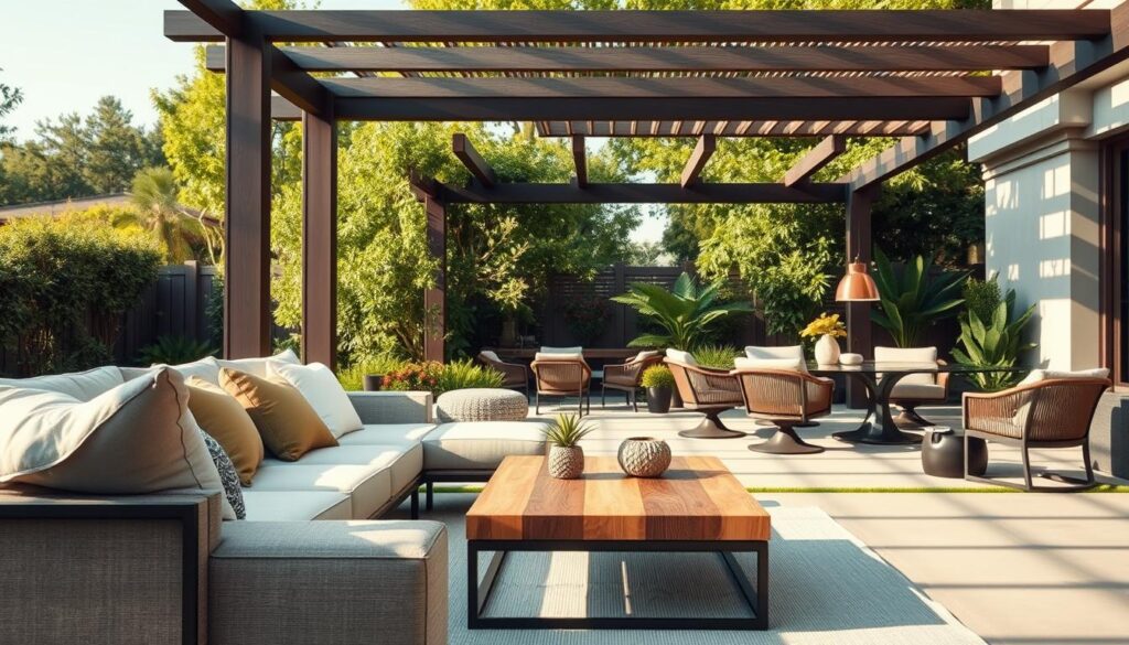 An outdoor scene showcasing the latest trends in stylish and functional outdoor furniture. In the foreground, a modern sectional sofa with plush cushions and a contemporary coffee table made of weathered wood and sleek metal. In the middle ground, a set of comfortable swivel chairs and a dining table with a glass top, surrounded by lush greenery. In the background, a pergola structure casts warm, dappled light across the space, creating a cozy and inviting ambiance. The overall scene exudes a sense of effortless sophistication and practical livability, capturing the essence of current outdoor furniture design trends for 2023.