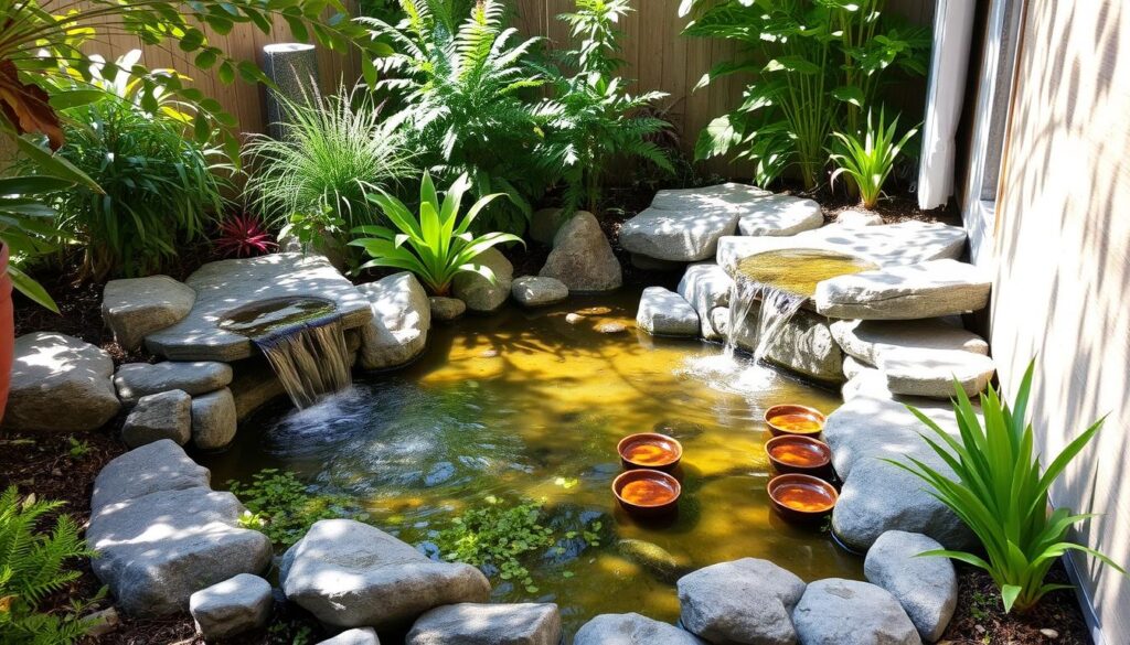 Compact garden pond projects, a serene oasis in a small urban space. A tranquil pond nestled among lush greenery, surrounded by smooth river rocks and ornamental plants. Gentle water cascades over natural stone features, creating a soothing ambiance. Dappled sunlight filters through the overhead canopy, casting a warm glow across the reflective surface. Vibrant aquatic flora sway in the cool breeze, complementing the earthy tones of the weathered wood and natural stone. A harmonious blend of organic elements, crafted with attention to detail, transforming a compact corner into a captivating retreat.