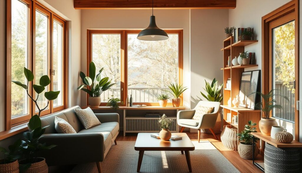 Cozy and inviting small home interior, bathed in warm natural light filtering through large windows. Minimalist yet stylish furniture and decor elements, including a sleek mid-century modern coffee table, a plush velvet armchair, and potted plants adding a touch of greenery. Wooden accents and neutral color palette create a harmonious, serene atmosphere. Soft, diffused lighting from a pendant lamp casts a gentle glow. Attention to detail with carefully curated accessories like woven baskets, ceramic vases, and a neatly arranged bookshelf. Overall, a comfortable, aesthetically-pleasing space that maximizes function in a compact layout.