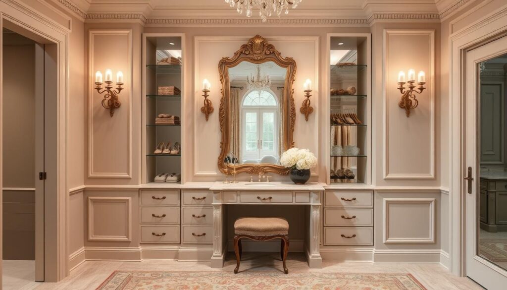 Create a luxurious dressing room vanity area with a built-in vanity table wrapped in base molding and painted to match the walls, accompanied by sconces framing a large mirror.