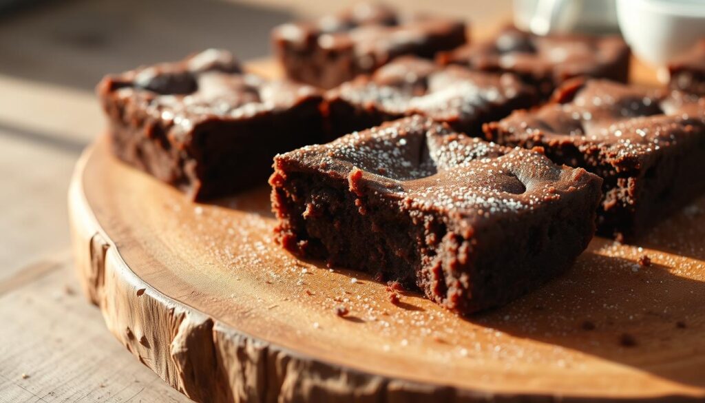 Delicate coconut flour brownies, with a rich, fudgy texture, sit atop a rustic wooden surface. The edges are neatly trimmed, revealing the deep chocolate color of the interior. Highlighted by warm, directional lighting, the brownies cast soft shadows, creating an inviting and appetizing scene. A light dusting of cocoa powder or powdered sugar adds a delicate finishing touch, accentuating the decadence of this keto-friendly dessert. The composition is balanced, with the brownies in the foreground, and a neutral background allowing the focus to remain on the star of the image.