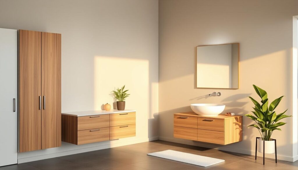 Elegant IKEA bathroom furniture in a modern, minimalist setting. Clean lines, sleek cabinets, and a floating vanity with a vessel sink create a serene, spa-like atmosphere. Soft, diffused lighting bathes the space in a warm glow, while a large, frameless mirror reflects the room's minimalist aesthetic. Lush, green potted plants add a touch of nature, complementing the natural wood accents. The overall scene conveys a sense of calm and relaxation, perfect for an IKEA-inspired bathroom transformation.