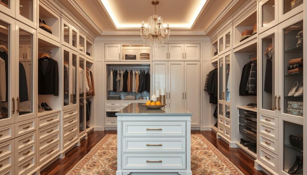 Generate an image of a luxurious walk-in closet with island storage and glass-front cabinets.