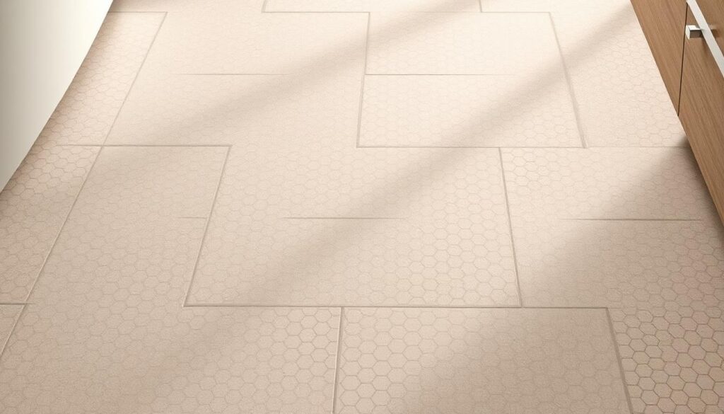 Geometric Patterns and 3D Textured Tiles: A sleek, modern bathroom floor with intricate polygonal tiles, textured with a subtle three-dimensional effect. The tiles feature a mixture of warm beige and cool gray tones, arranged in a dynamic, asymmetrical pattern that draws the eye across the space. Soft, indirect lighting casts gentle shadows, enhancing the depth and contours of the tiles. The overall atmosphere is one of understated elegance, with a sense of depth and visual interest that elevates the utilitarian bathroom floor into a captivating design element.