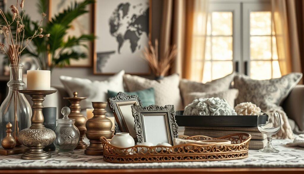 High quality, detailed and realistic still life image of various decorative home accessories and decor items, arranged in a visually appealing way. The foreground features a variety of artfully placed objects such as vases, candles, small sculptures, ornate picture frames, and decorative trays. The middle ground showcases complementary textiles like throw pillows, blankets, and rugs. The background has warm, natural lighting, perhaps through a window, creating a cozy and inviting atmosphere. The overall composition exudes a sense of elegance, sophistication, and personal style suitable for a high-end home magazine editorial.