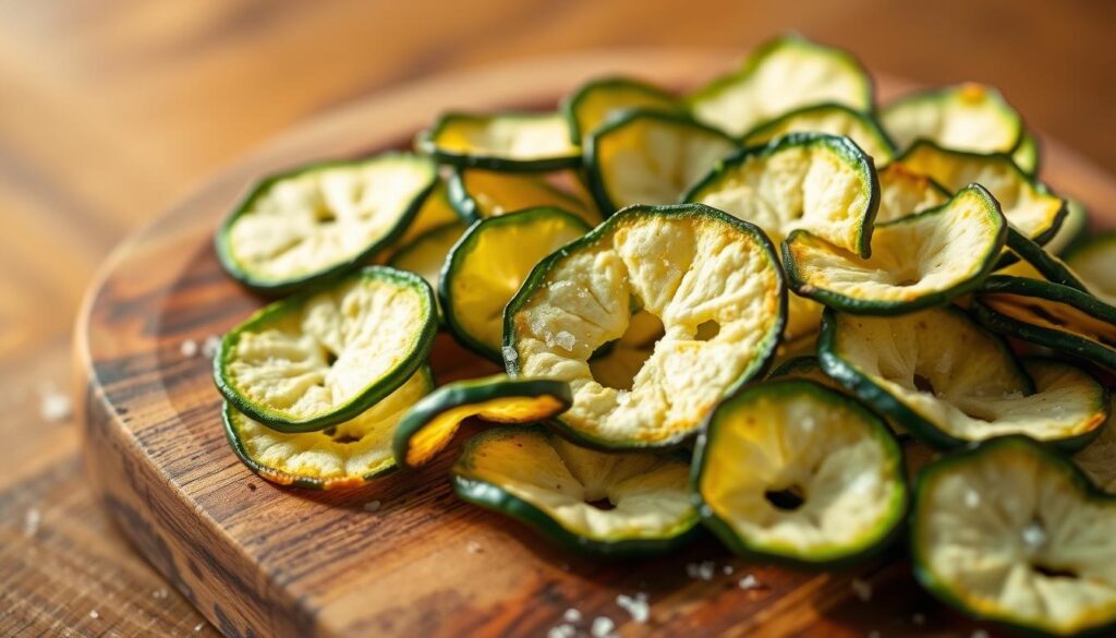Low carb zucchini chips, arranged neatly on a rustic wooden board. The zucchini slices are evenly cut, with a slight curve and a vibrant green hue. Crisp and inviting, the chips are lightly dusted with a sprinkling of sea salt, creating a mouthwatering contrast. The lighting is natural and soft, casting a warm glow over the scene, highlighting the delicate texture of the zucchini. The background is blurred, keeping the focus on the crunchy, low-carb alternative to traditional high-calorie chips. The mood is one of healthy indulgence, perfect for a guilt-free snack during a busy day.