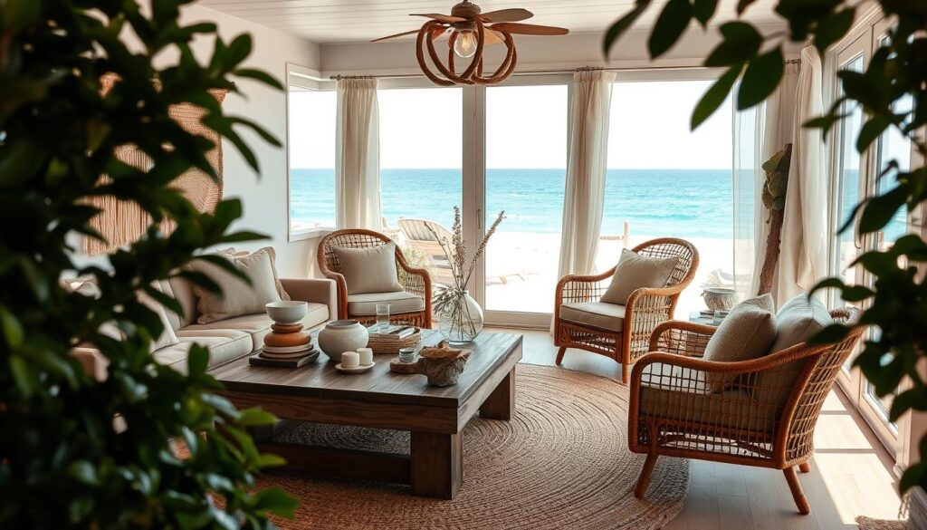 Lush coastal foliage frames a cozy boho-inspired living space. In the foreground, a weathered wooden coffee table is adorned with a woven macrame wall hanging, artful ceramics, and a stack of sun-bleached driftwood. Surrounding the table, plush rattan and linen-upholstered armchairs invite relaxation. In the middle ground, a textured jute area rug grounds the scene, while sheer linen curtains billow in the ocean breeze. Overhead, a rustic, driftwood-inspired light fixture casts a warm, ambient glow. In the background, large windows offer panoramic views of the sparkling turquoise sea and distant sandy beaches.