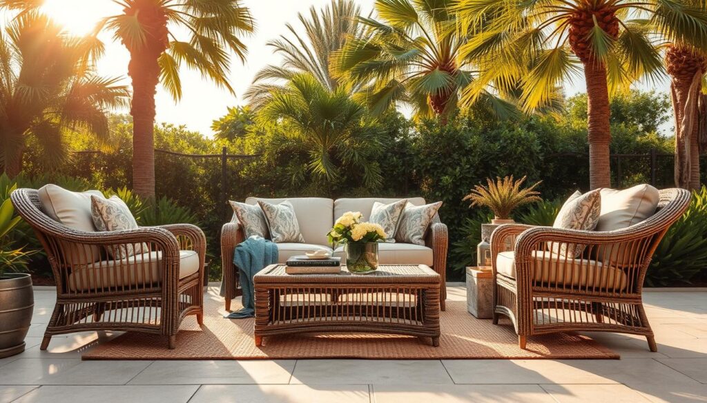 Outdoor wicker furniture set arranged in a cozy, inviting patio scene. A plush, neutral-toned loveseat and matching armchairs sit atop a natural woven rug, bathed in warm, golden afternoon sunlight filtering through lush, verdant foliage. Decorative throw pillows and a cozy blanket add textural layers. Intricate, hand-woven wicker frames and weathered, driftwood-inspired accents evoke a laid-back, coastal-inspired aesthetic. The furniture is positioned against a backdrop of towering palm trees and a clear, azure sky, creating a serene, resort-like atmosphere.