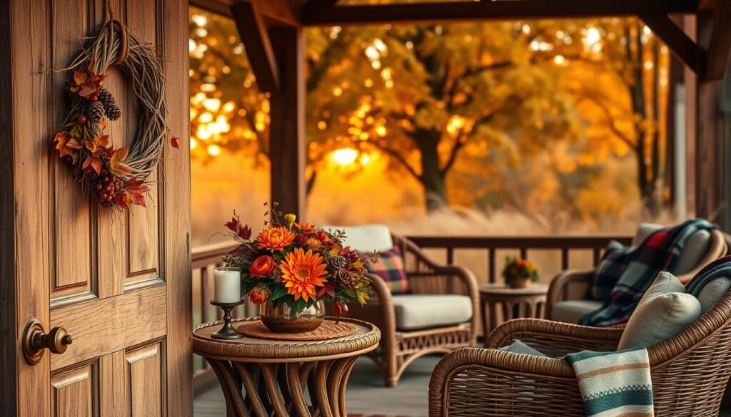 Seasonal rattan decor, a warm and inviting scene. In the foreground, an ornate rattan wreath adorned with autumn leaves, berries, and pinecones, hanging on a weathered wooden door. The middle ground showcases a rattan side table, topped with a bouquet of vibrant fall flowers and a scented candle. Behind, a cozy seating area with plush rattan armchairs and a plaid throw blanket, set against a backdrop of golden autumn trees and a glowing sunset. Soft, diffused lighting casts a gentle glow, creating a serene and inviting atmosphere. The overall composition evokes a sense of seasonal comfort and natural beauty.