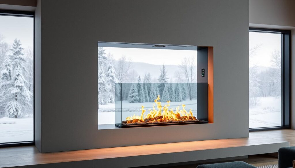 Sleek and modern fireplace with minimalist design, encased in smooth grey stone. Floating glass front panel, glowing with warm, flickering flames. Integrated smart controls on the side, digital display and touch interface. Recessed lighting above casting a soft glow. Streamlined mantel shelf with subtle decorative accents. The scene is set against a backdrop of a large window, offering a picturesque winter landscape view. The overall atmosphere is one of cozy sophistication, blending cutting-edge technology with the timeless allure of a fireplace.