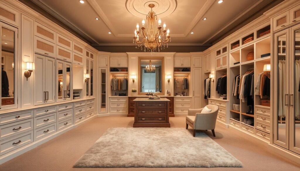 Spacious, well-lit dressing room with ample shelving, hanging rods, and custom cabinetry. Elegant yet practical layout, featuring a central island for accessories and a large vanity mirror. Warm, neutral tones create a serene ambiance, complemented by soft, diffused lighting from sconces and a statement chandelier. Plush, neutral-toned rug defines the space, leading the eye towards a cozy seating area. Panoramic view showcases a blend of classic and contemporary design elements, inspiring a harmonious, functional dressing room retreat.