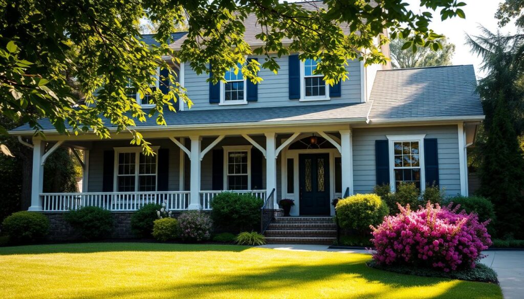 Stunning exterior paint colors showcased in a beautifully lit home exterior scene. A warm and inviting two-story house with crisp white trim, soft gray siding, and deep navy blue accents. Lush greenery frames the scene, with a manicured lawn and flowering shrubs in the foreground. Diffused natural light bathes the scene, casting gentle shadows and highlights the architectural details. The scene is captured at a slight angle, providing depth and perspective. An inspirational, aspirational image that captures the essence of the best exterior paint colors for stunning curb appeal.