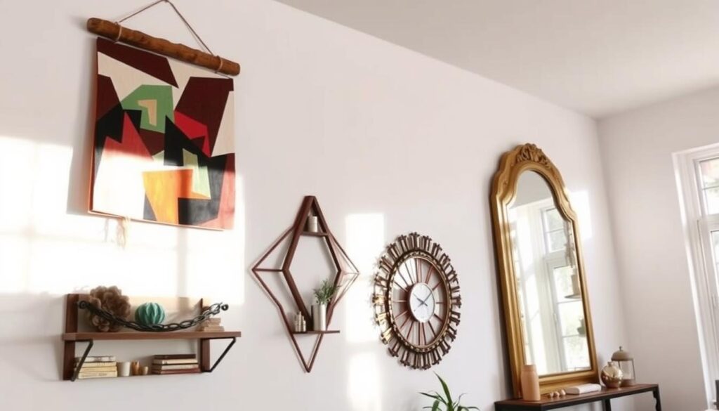 a cozy, well-lit room with a plain white wall, showcasing several DIY wall transformation ideas. The foreground features a rustic wooden wall hanging with geometric patterns, a colorful abstract painting, and a geometric shelf displaying various decorative items. The middle ground includes a large, ornate mirror with an intricate gold frame, alongside a modern minimalist wall clock. The background subtly hints at the warm, inviting atmosphere with soft, natural lighting filtering through a large window, casting a gentle glow across the space.