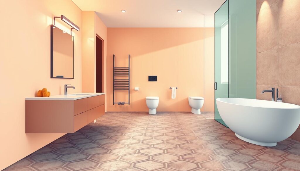 a high-detailed, artistic, and vibrant digital illustration of bathroom color trends for 2025, showcasing a modern and luxurious bathroom interior. The foreground features a sleek, minimalist vanity unit with a large mirror and modern light fixtures. The middle ground displays a patterned, textured tile floor in a harmonious color palette, with hues ranging from earthy tones to soft pastels. The background depicts a wall-mounted toilet and a freestanding bathtub, both complementing the overall color scheme. The lighting is warm and diffused, creating a cozy and inviting atmosphere. The style is a balance of contemporary design and timeless elegance, capturing the essence of the "Color Palettes Defining 2025 Bathroom Spaces".