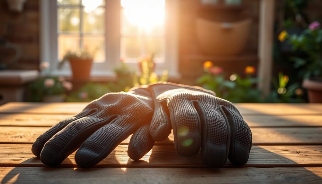 a pair of sturdy, protective gardening gloves with a textured palm grip and reinforced fingertips, resting on a wooden garden table, illuminated by warm, natural sunlight streaming in through a nearby window, creating a soft, inviting atmosphere, ideal for a productive day of gardening