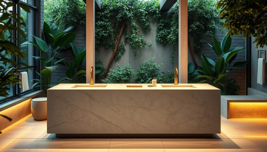luxury bathroom island with natural stone
