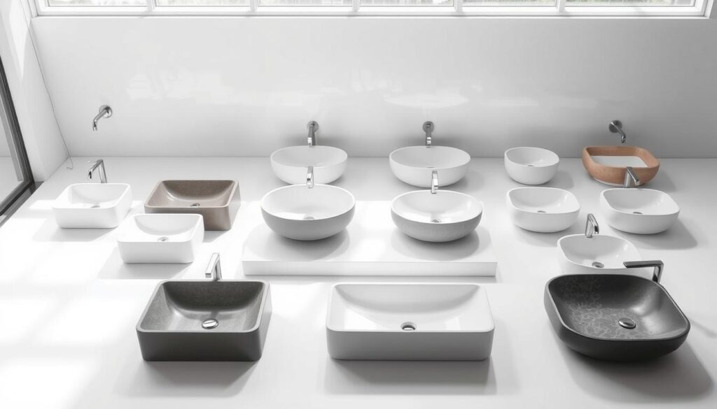 photo of contemporary bathroom sinks, showcasing a variety of modern sink designs on a clean white backdrop, with soft natural lighting illuminating the sinks from above. The sinks should feature a range of materials, shapes, and styles, such as sleek rectangular ceramic sinks, round vessel sinks in stone or glass, and minimalist wall-mounted sinks. The overall atmosphere should convey a sense of sophistication, simplicity, and timeless design.