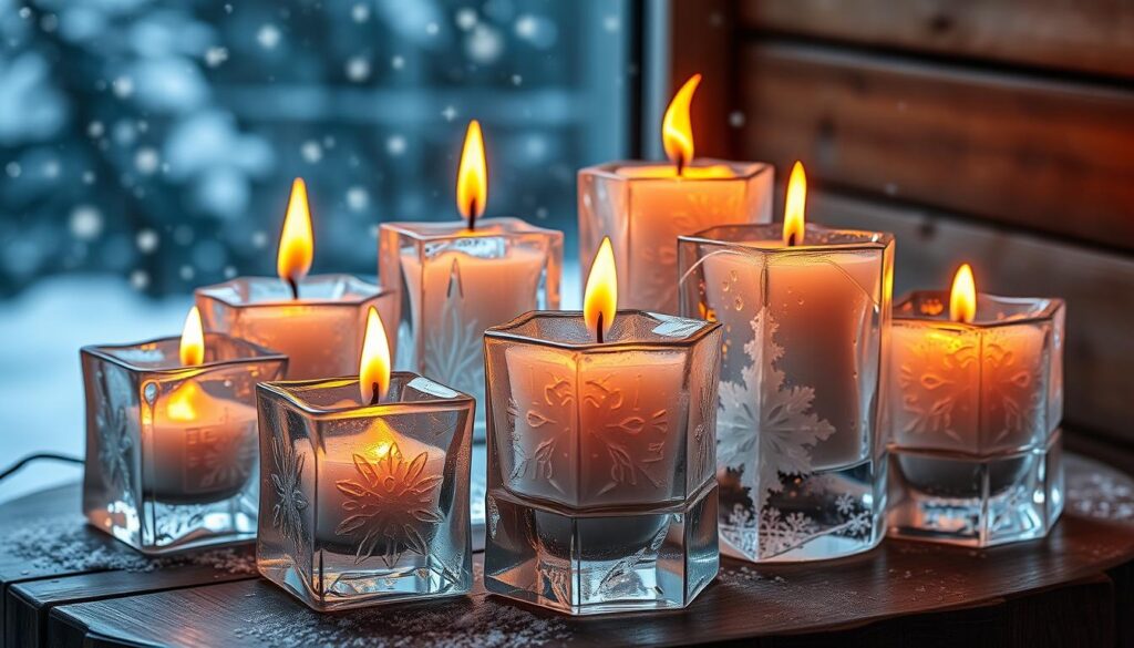 A beautifully crafted arrangement of transparent ice candles, their flickering flames casting a warm, cozy glow against a backdrop of softly falling snowflakes. The candles are meticulously shaped, with intricate patterns and textures that catch the light, creating mesmerizing reflections on the icy surfaces. The scene is set in a cozy, intimate space, with a rustic wooden table or surface providing a natural, grounded element. The lighting is subtle and atmospheric, creating a sense of tranquility and hygge. The overall mood is one of winter wonder and enchantment, inviting the viewer to curl up and savor the moment.