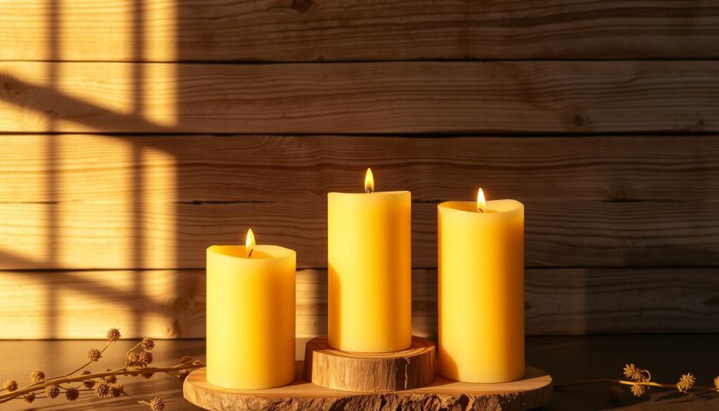 A beautifully crafted set of beeswax pillar candles in a warm, natural palette, their soft golden hues illuminating a cozy, rustic scene. The candles stand tall, their smooth, unadorned surfaces casting a gentle, flickering glow against a backdrop of weathered wood planks. Soft shadows dance across the scene, creating a inviting, intimate atmosphere, perfect for a chilly evening. The candles are set atop a simple, handcrafted wooden stand, their natural beauty enhanced by the simple, earthy surroundings. Warm, golden light spills across the frame, evoking a sense of comfort and tranquility.