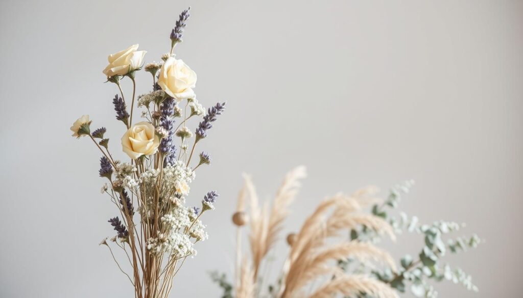 A beautifully curated arrangement of dried flowers, carefully composed against a neutral backdrop. Soft, natural lighting bathes the scene, highlighting the intricate textures and muted hues of the delicate blooms. In the foreground, a cluster of dried roses, lavender, and baby's breath stand tall, their petals and stems intertwining in a graceful, organic display. In the middle ground, wispy dried grasses and eucalyptus add depth and movement, while the background features a simple, minimalist setting that allows the dried florals to take center stage. The overall effect is one of timeless elegance and quiet sophistication, perfectly capturing the essence of decorating with dried flowers.