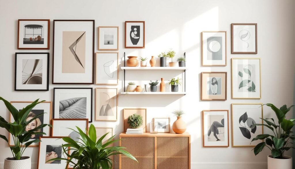 A beautifully curated gallery wall showcasing harmonious design trends. In the foreground, an assortment of framed artwork in varying sizes and styles, arranged in a dynamic, asymmetrical layout. The middle ground features a mix of decorative shelves, plants, and sculptural elements that add depth and visual interest. The background is a clean, white wall, bathed in soft, natural lighting that illuminates the carefully selected pieces. The overall aesthetic is one of effortless elegance, where each element complements the others, creating a cohesive and visually striking display.
