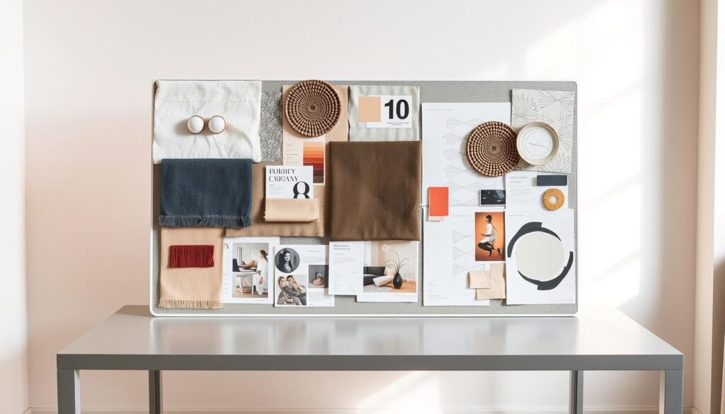 A beautifully curated interior design mood board, showcasing a harmonious blend of textures, colors, and patterns. Positioned on a sleek, minimalist table, the board features carefully selected fabric swatches, paint chips, magazine clippings, and sketches, all arranged in a visually captivating manner. Soft, diffused lighting from above casts a warm glow, accentuating the tactile nature of the materials. The overall atmosphere exudes a sense of inspiration, creativity, and the promise of a stunning, cohesive home decor aesthetic.